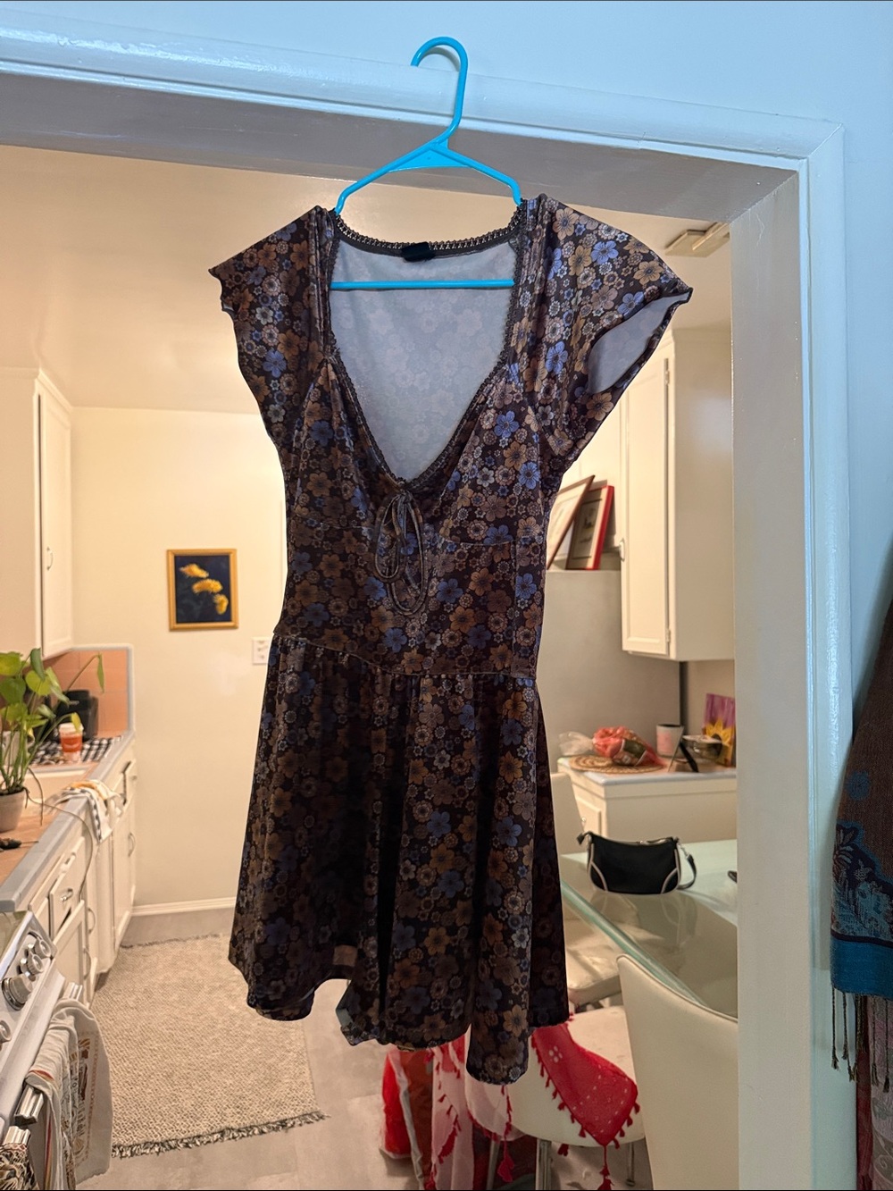 Urban Outfitters Brown Floral Mini Dress with Blue Accents
